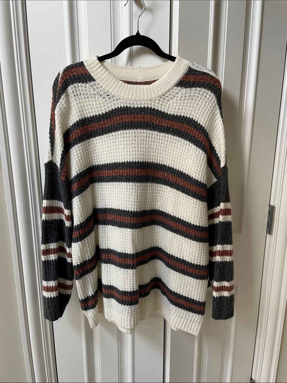 American Eagle Outfitters Cream Sweater with Black & Brown Stripes